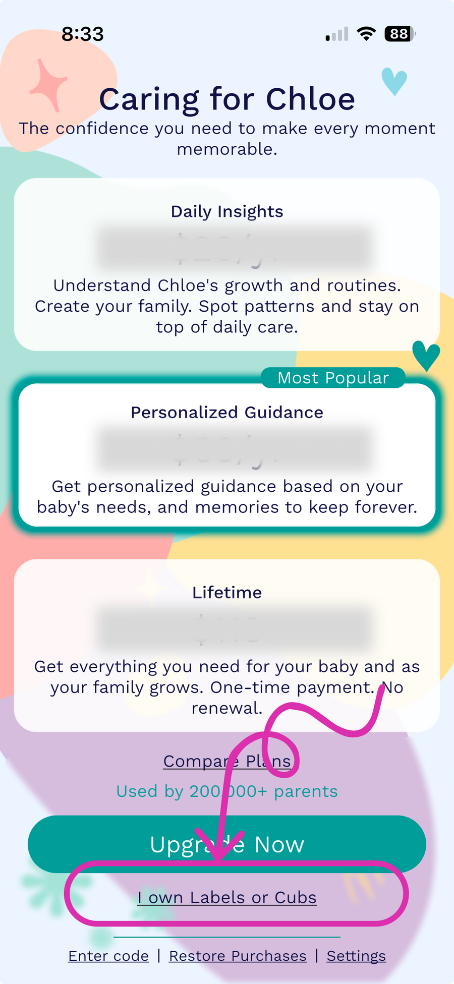 Cubtale subscription screen with the I own Labels or Cubs option highlighted for existing product owners.