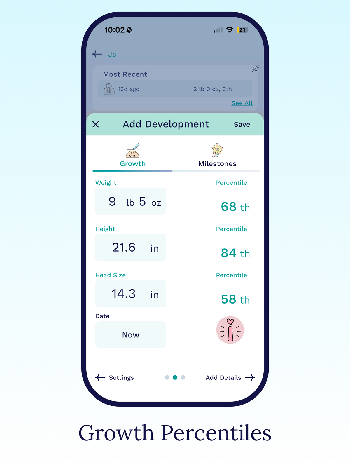 Cubtale baby growth tracker showing weight, height and head circumference measurements with percentiles.