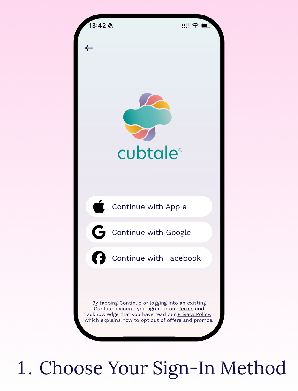 Cubtale pregnancy and baby tracking app sign-in screen with Apple, Google and Facebook account options.