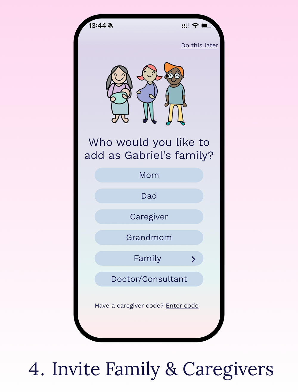 Cubtale family sharing setup with options to invite parents, caregivers, grandparents, family members and doctors.