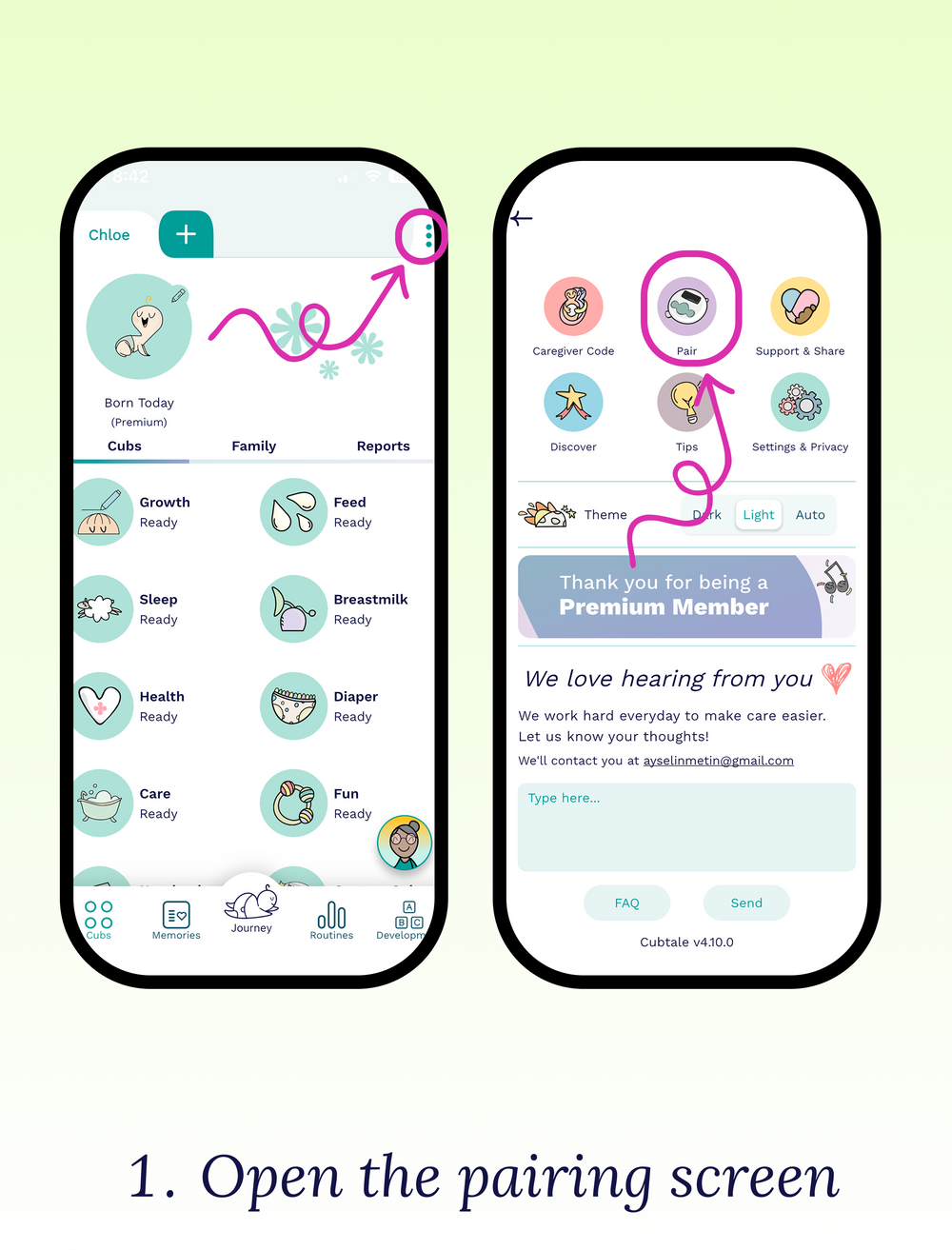 Cubtale baby tracking app pairing guide highlighting the dashboard menu and Pair icon to open device setup.