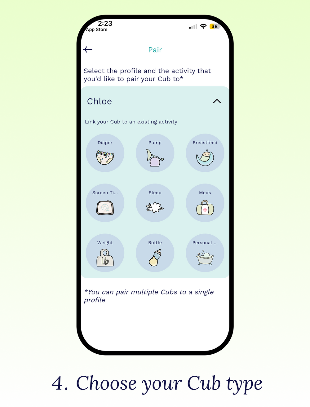 Cubtale Cub pairing screen with activity choices including diaper, pumping, breastfeeding, sleep and health tracking.