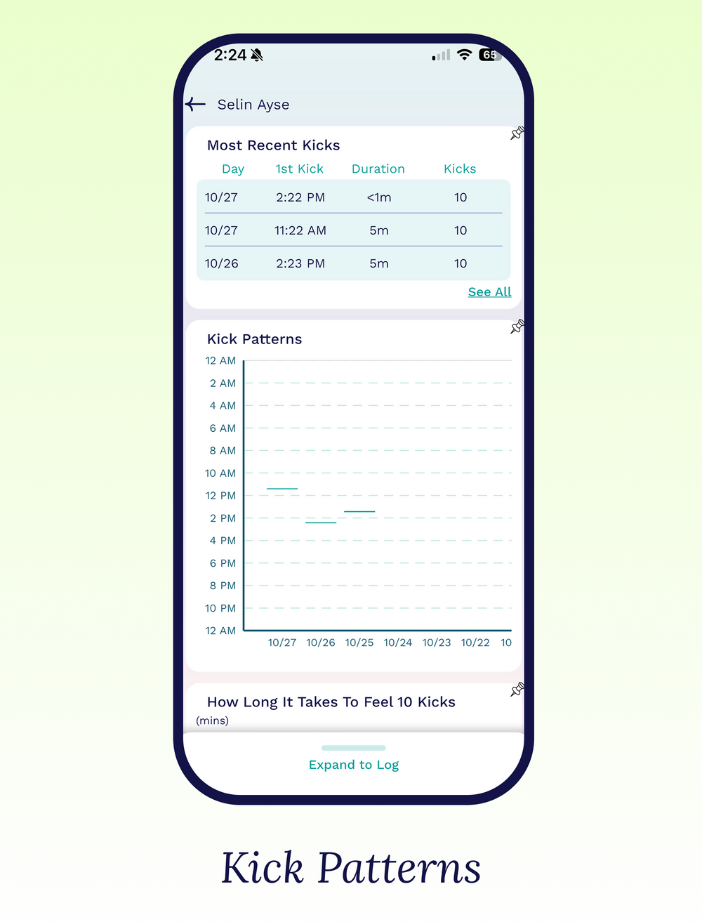 Baby kick patterns chart in Cubtale showing recent kick sessions and when your baby moves most
