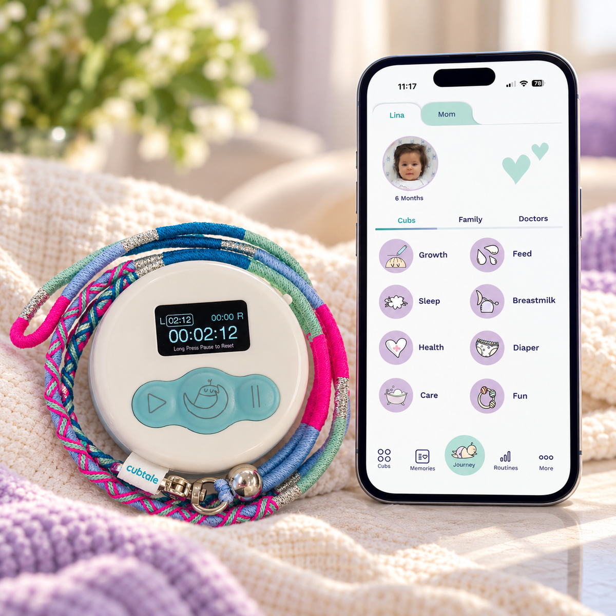 Cubtale Breastfeed Cub breastfeeding timer beside the baby tracking app with feeding, sleep, diaper and growth categories.