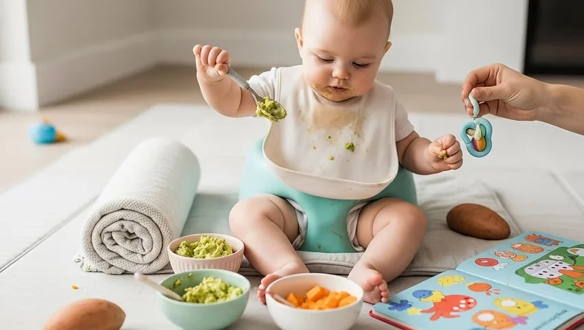 Five to six months baby trying to eat solids surrounding him
