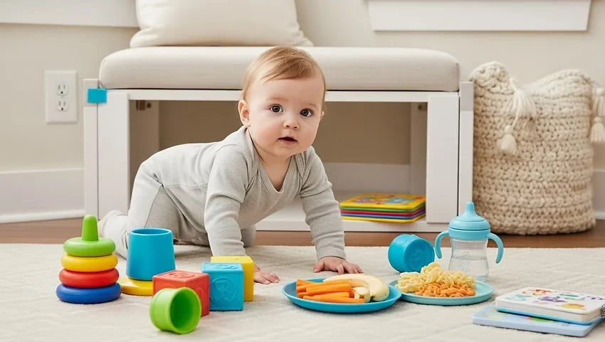 7–8-month-old baby exploring toys and finger foods while developing crawling, movement, and feeding skills.