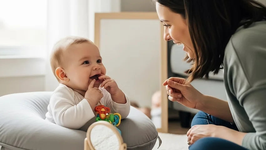 Newborn baby at 11 weeks old showing early smiles and growing curiosity at home.