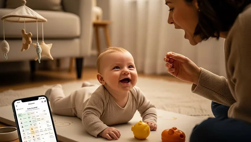 Newborn baby at eight weeks old during a quiet, interactive moment at home.