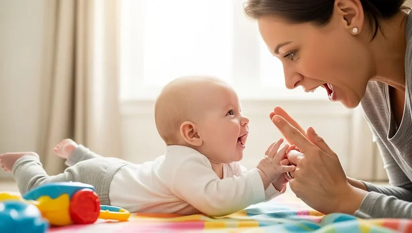 3-month-old baby smiling and exploring during playtime, highlighting new milestones, curiosity, and development at 13 weeks.