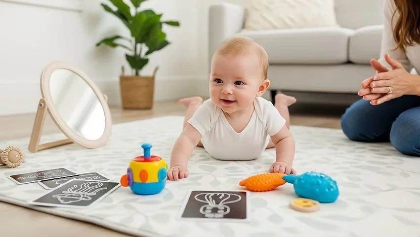 Three months baby playing on the floor while mother encouraging with claps