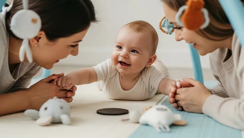 14 to 15 week old baby exploring with stronger movements, social smiles, and growing curiosity during playtime.