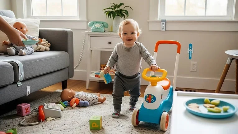 Baby development milestone illustration for 13–15 months, showing a toddler exploring movement, play, communication, and growing independence.