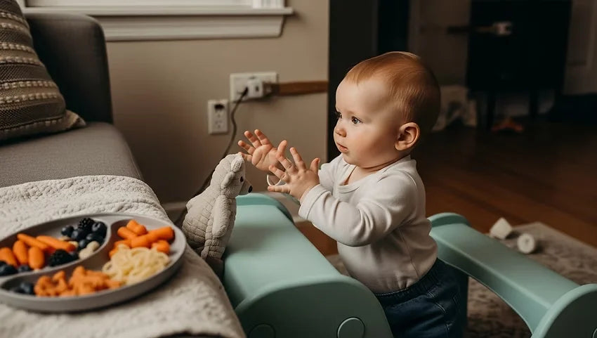 9–10-month-old baby practicing standing and exploring a variety of finger foods, highlighting growing mobility, self-feeding, and independence.