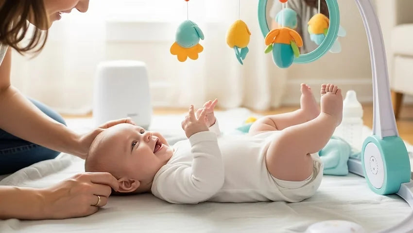 Ten-week-old baby smiling and engaging with a parent during early social development.