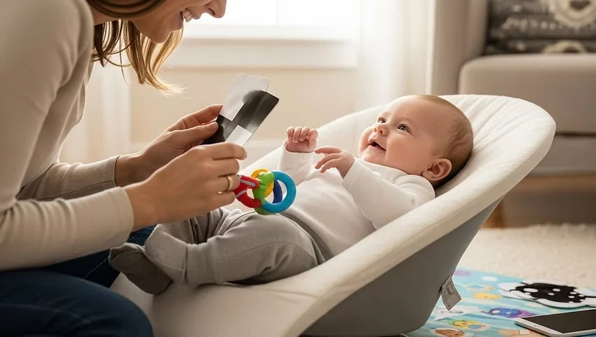 Newborn baby at nine weeks old showing early smiles and growing awareness at home.