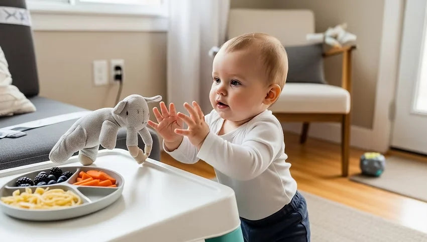 8–9-month-old baby practicing standing and reaching for a toy while exploring finger foods and developing motor skills.