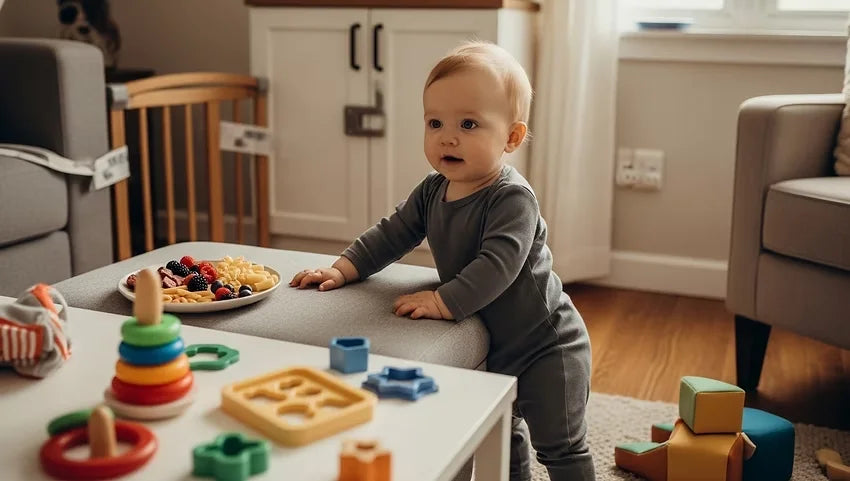 10–11-month-old baby standing with support and exploring toys, highlighting growing mobility, self-feeding, coordination, and independence.