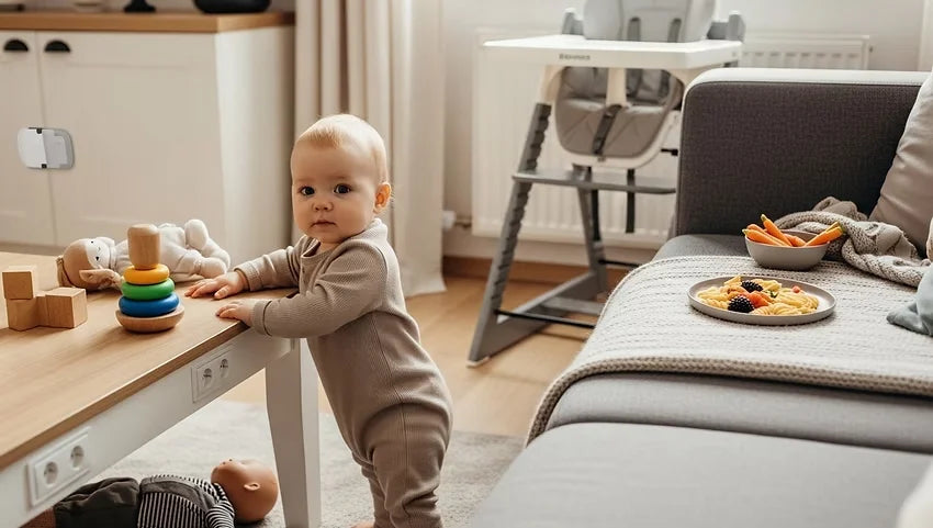 10–12-month-old baby standing independently and exploring toys, highlighting growing mobility, coordination, self-feeding, and independence.