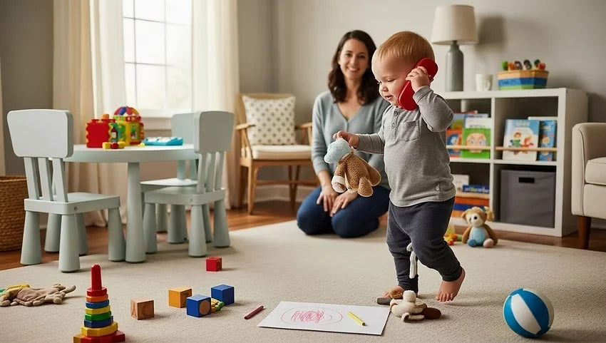 Toddler playfully talking on a toy phone while walking and exploring during 16–18 month development.