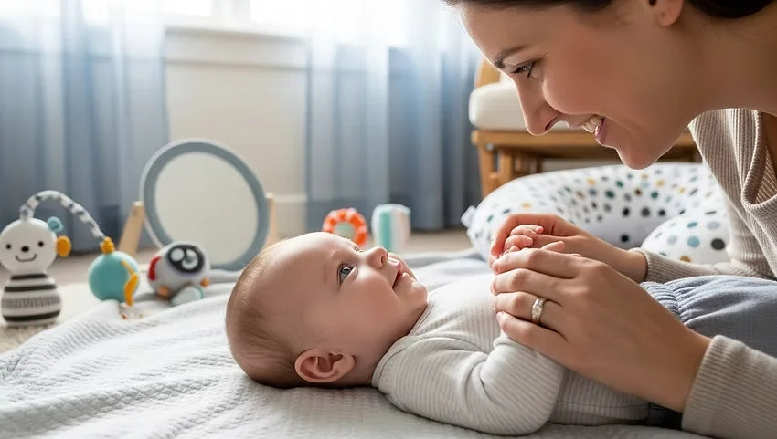 Newborn baby at seven weeks old showing early signs of personality and development.