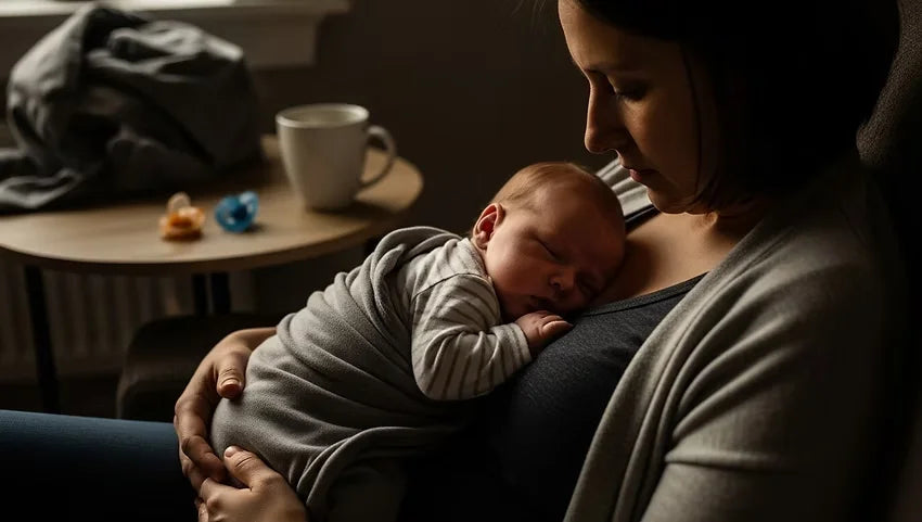Newborn baby resting peacefully during the third week at home.