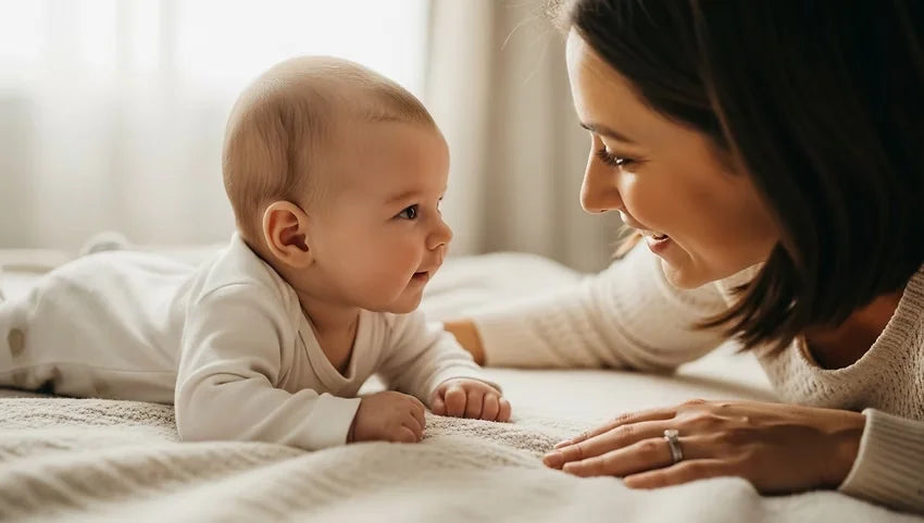 Mother playing with five weeks old baby