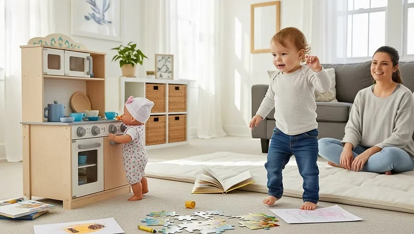 Toddler playing and exploring at home while a mother watches, highlighting pretend play, movement, and social development at 19–24 months.