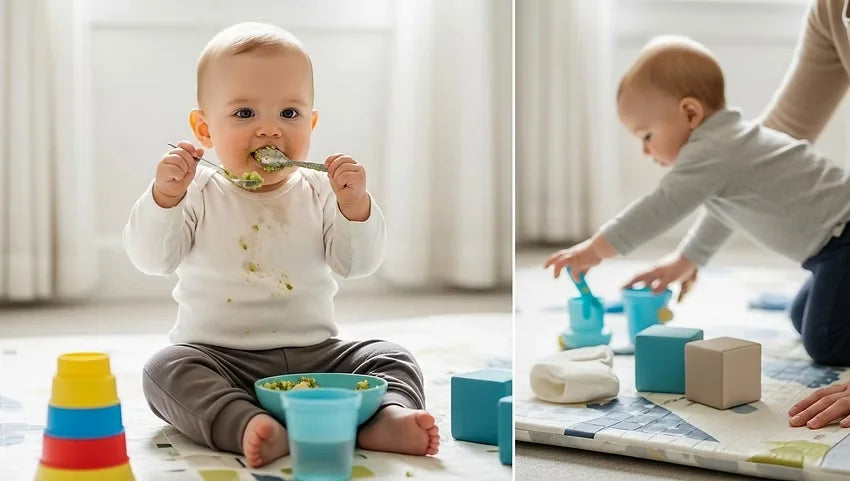 6-month-old baby exploring solids and practicing movement through play, highlighting feeding, crawling, and growing independence.