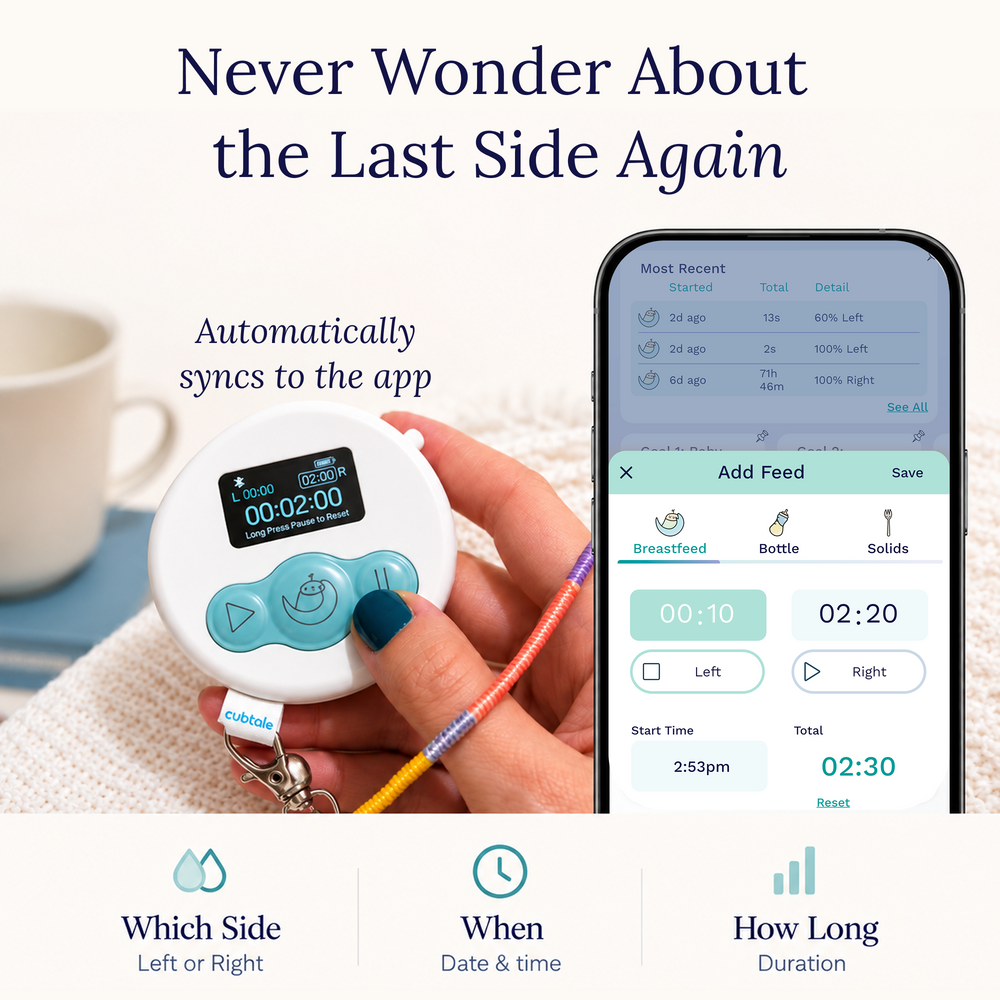 Breastfeeding Cub smart device synced to the Cubtale app, tracking which side, when and how long