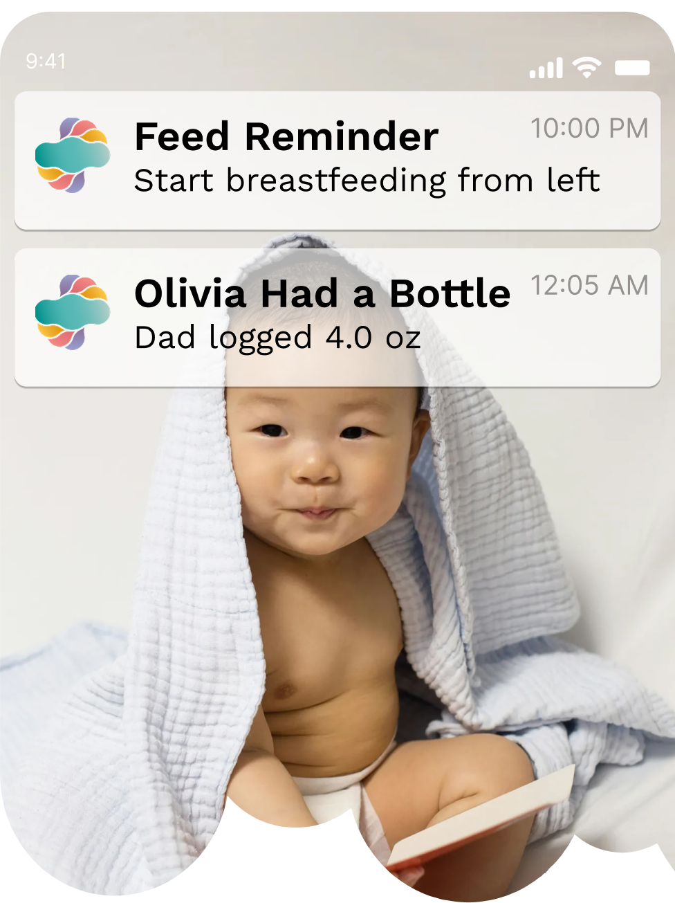 Cubtale baby feeding tracker app showing a feed reminder and a bottle logged by Dad