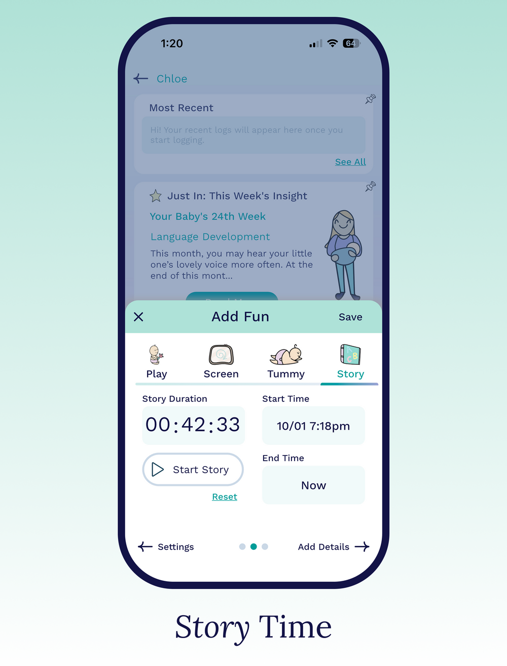 A smartphone mockup on a pale blue-to-light-green gradient background, showing a baby care app screen with tabs like Play, Screen, Tummy, and Story, plus text reading 'Story Time' below.