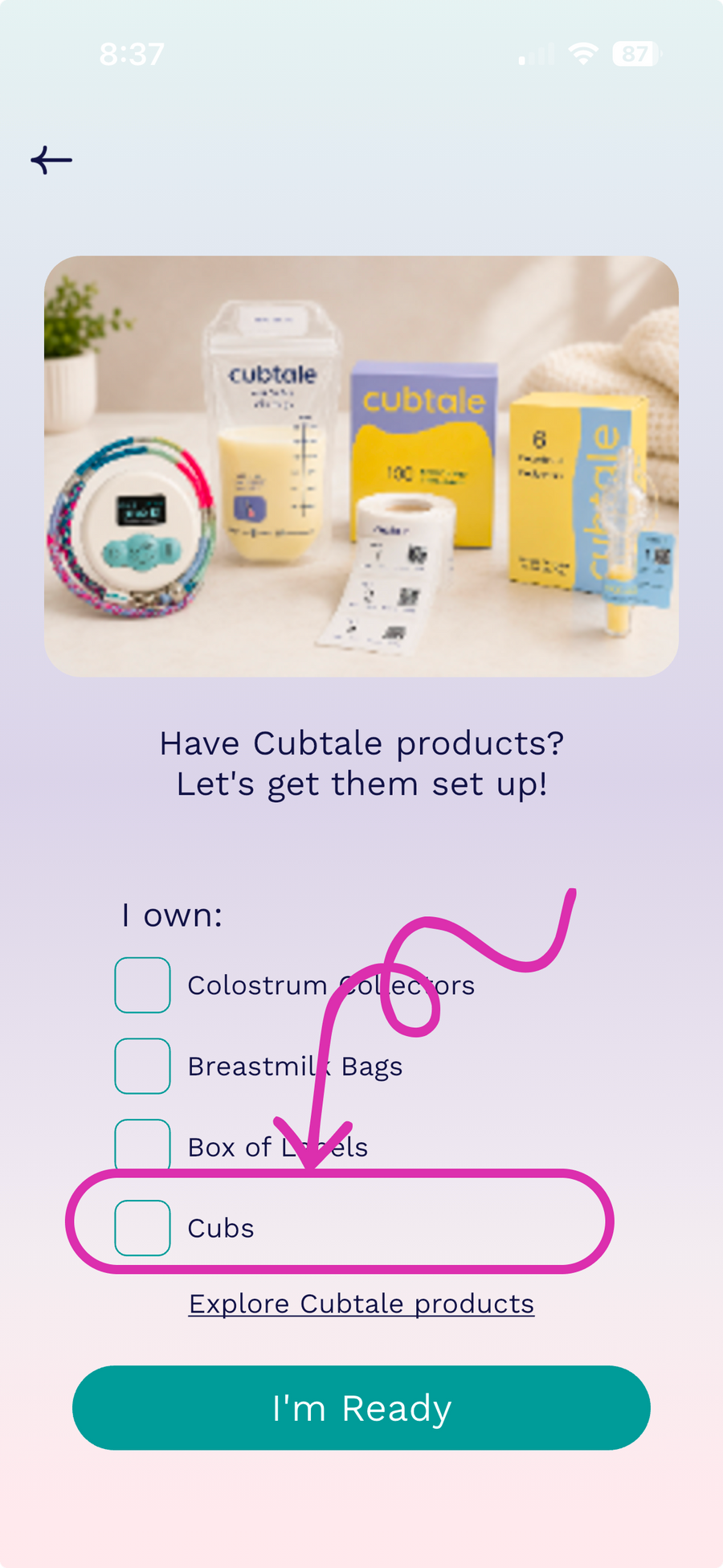 Cubtale product setup screen with the Cubs checkbox highlighted for connecting baby care tracking devices.