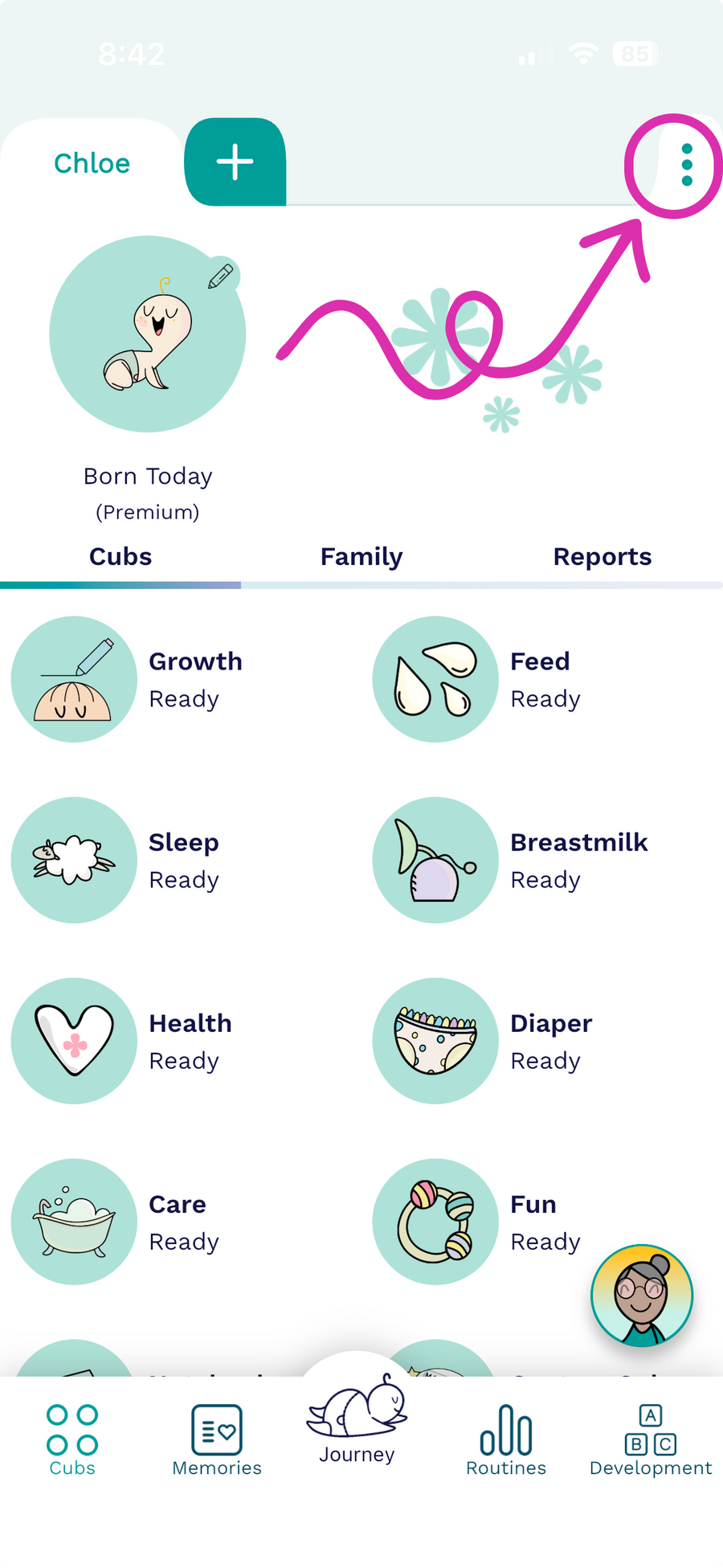 Cubtale baby tracking app dashboard with feeding, sleep and diaper trackers and the menu button highlighted.