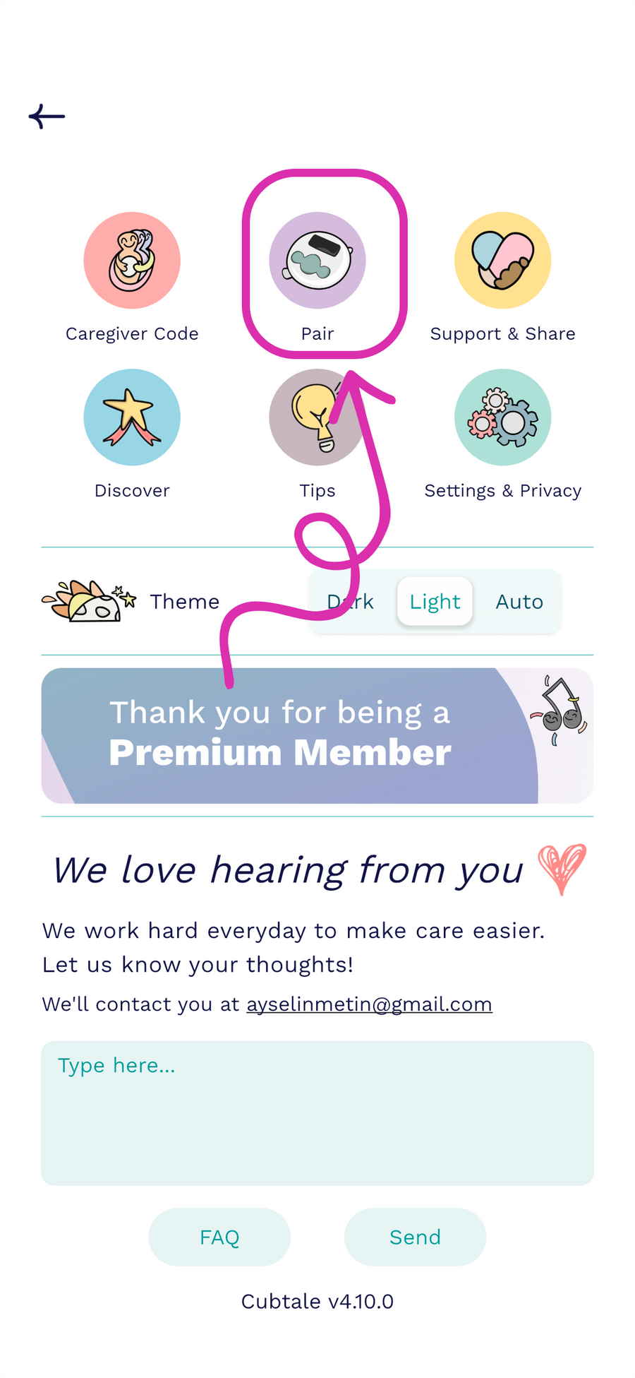 Cubtale baby tracking app menu with the Pair option highlighted to connect a baby care tracking device.