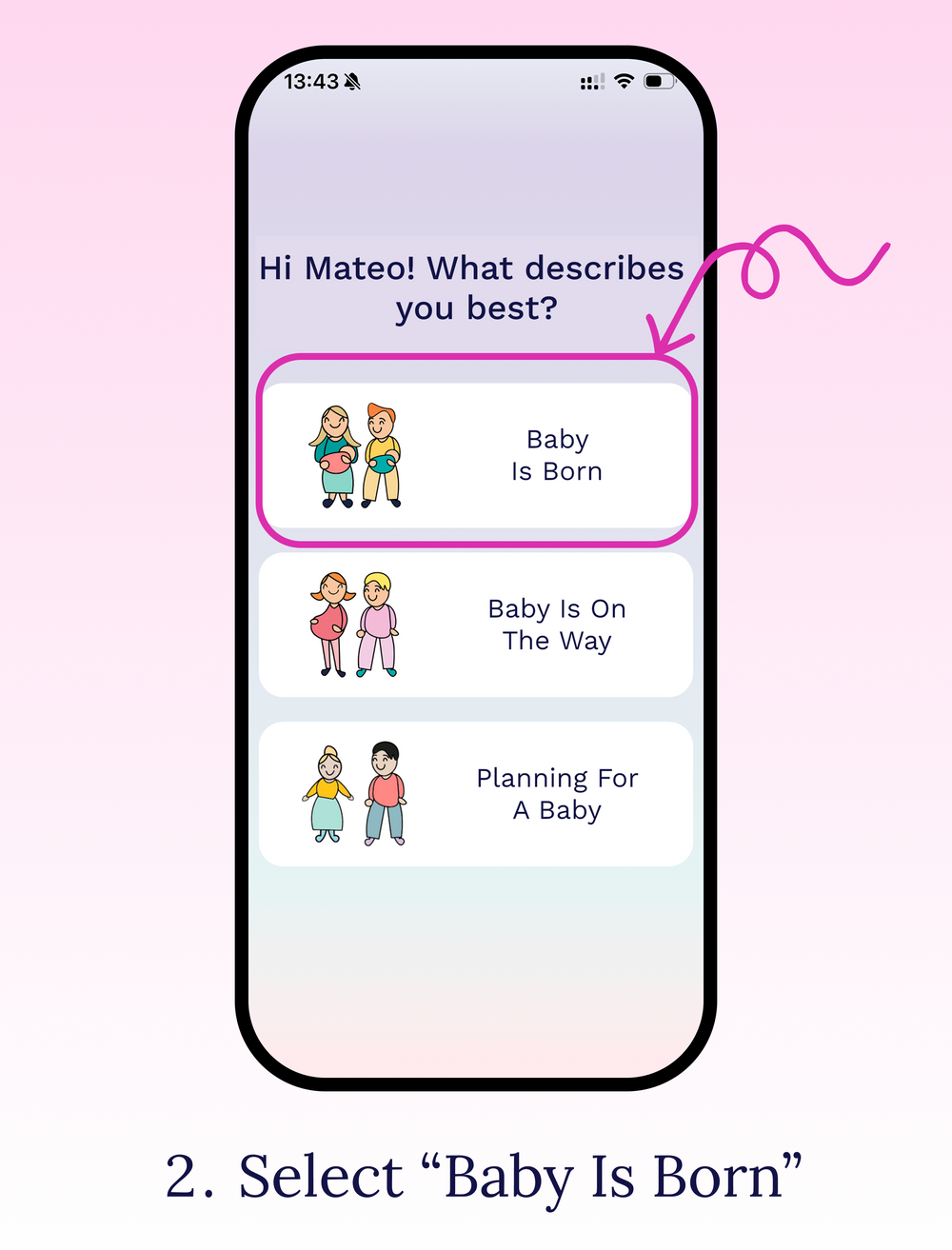 Cubtale onboarding guide highlighting Baby Is Born alongside pregnancy and planning for a baby options.