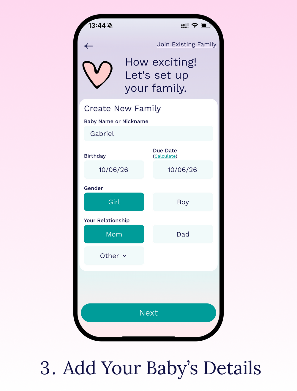 Cubtale baby profile setup form with name, birthday, due date and parent relationship fields.