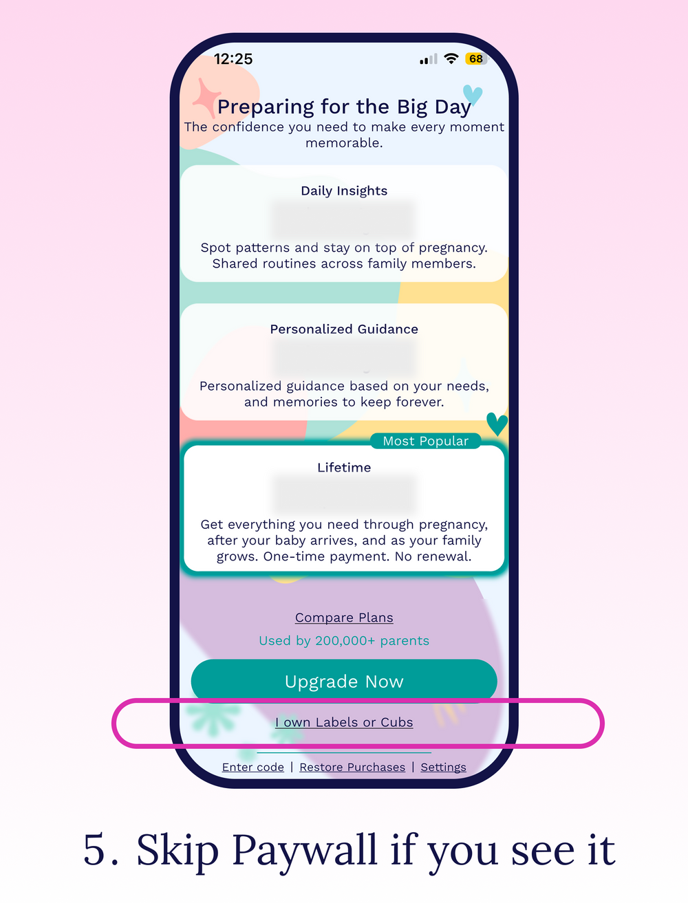 Cubtale pregnancy app subscription screen with the I own Labels or Cubs option highlighted for product owners.
