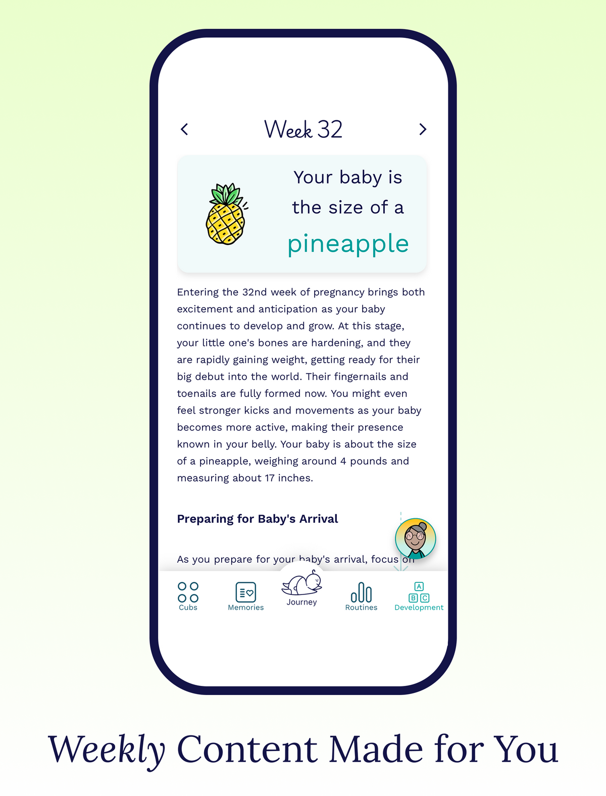 Cubtale pregnancy tracker showing week 32 content with a pineapple baby-size comparison and weekly information.