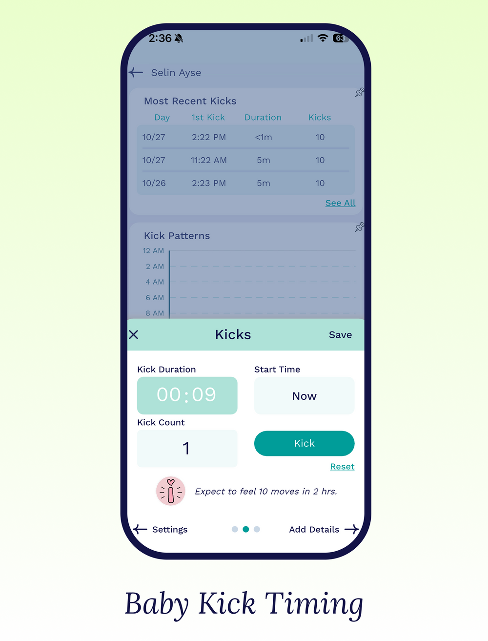 Baby kick counter app in Cubtale: time kicks, count moves and see recent kick sessions