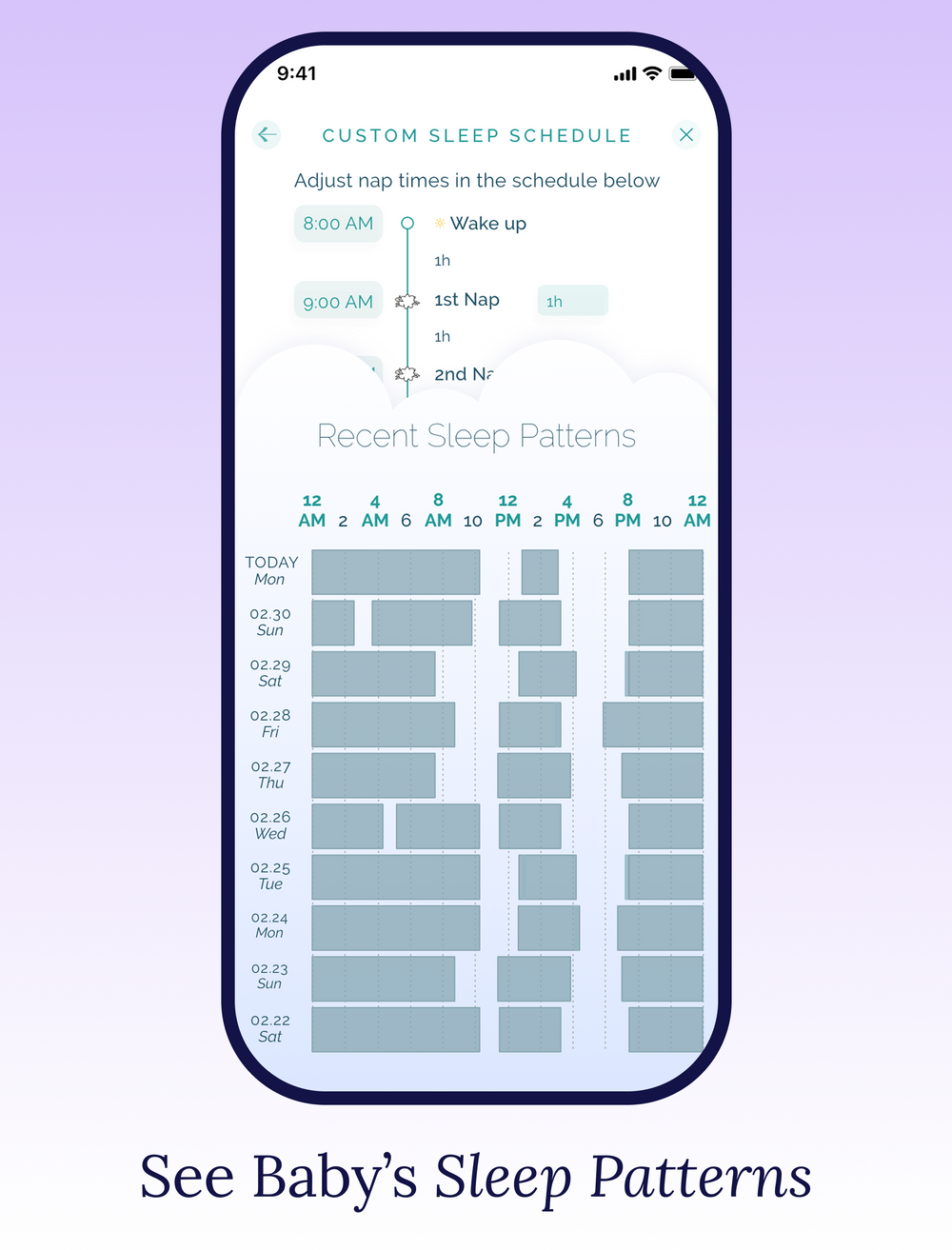 Cubtale baby sleep tracker app showing a custom nap schedule and a chart of recent sleep patterns