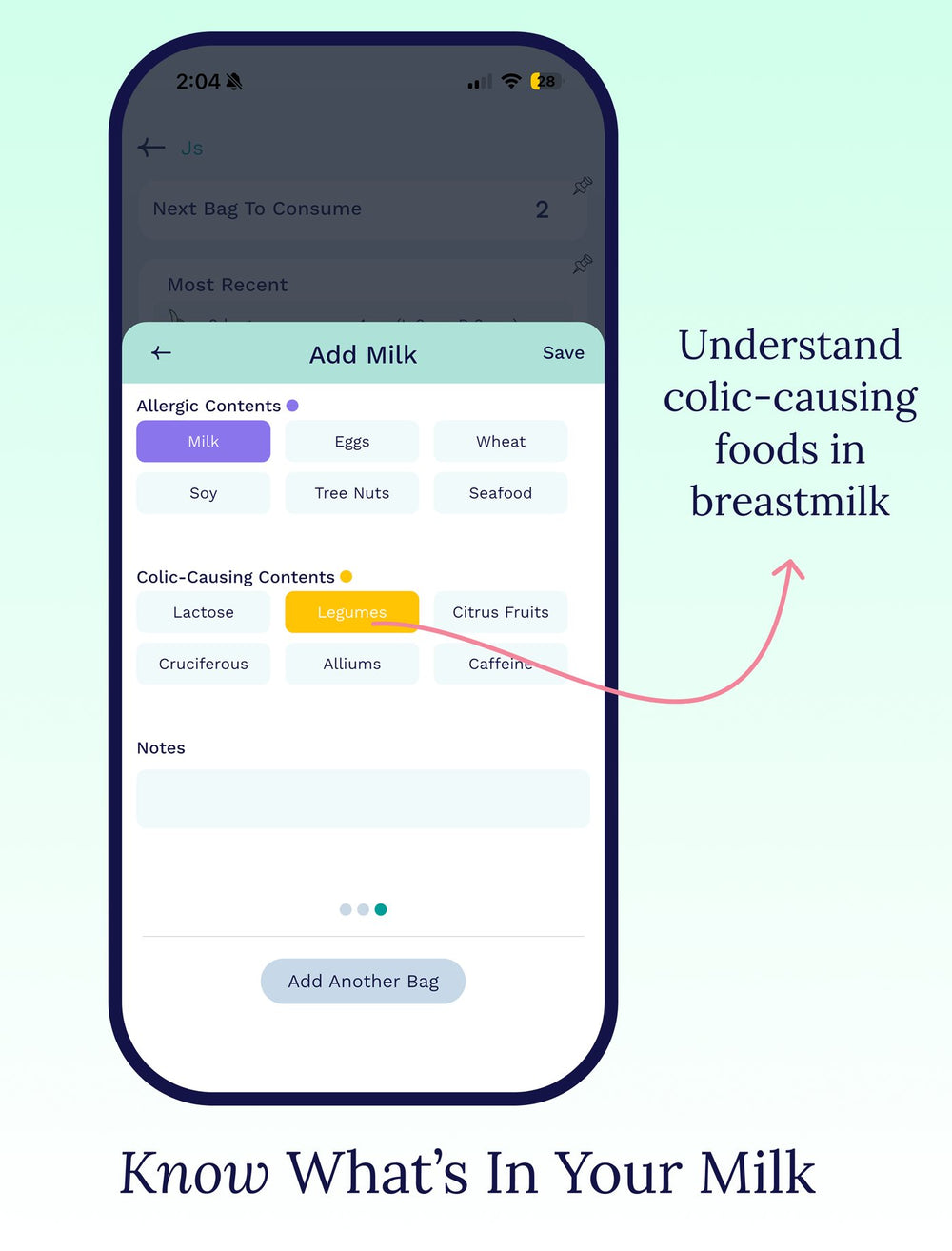 Tagging allergens and colic-causing foods on a breast milk bag in the Cubtale app