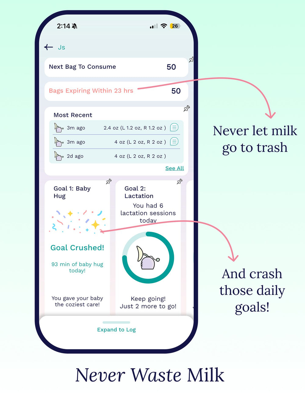 Cubtale alert for breast milk bags expiring within 23 hours, with daily pumping goals
