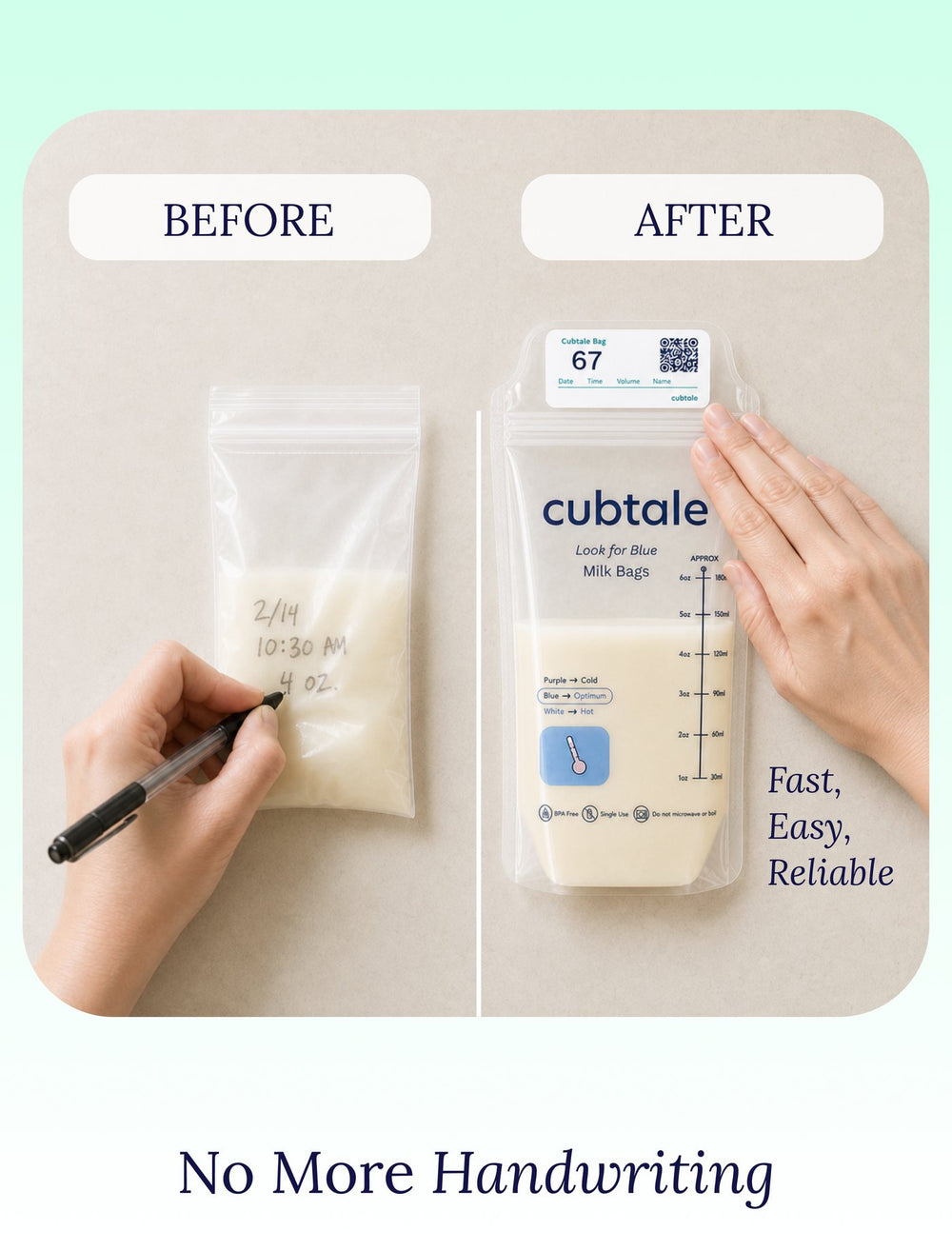 Handwritten breast milk bag next to a Cubtale milk bag with a numbered QR label