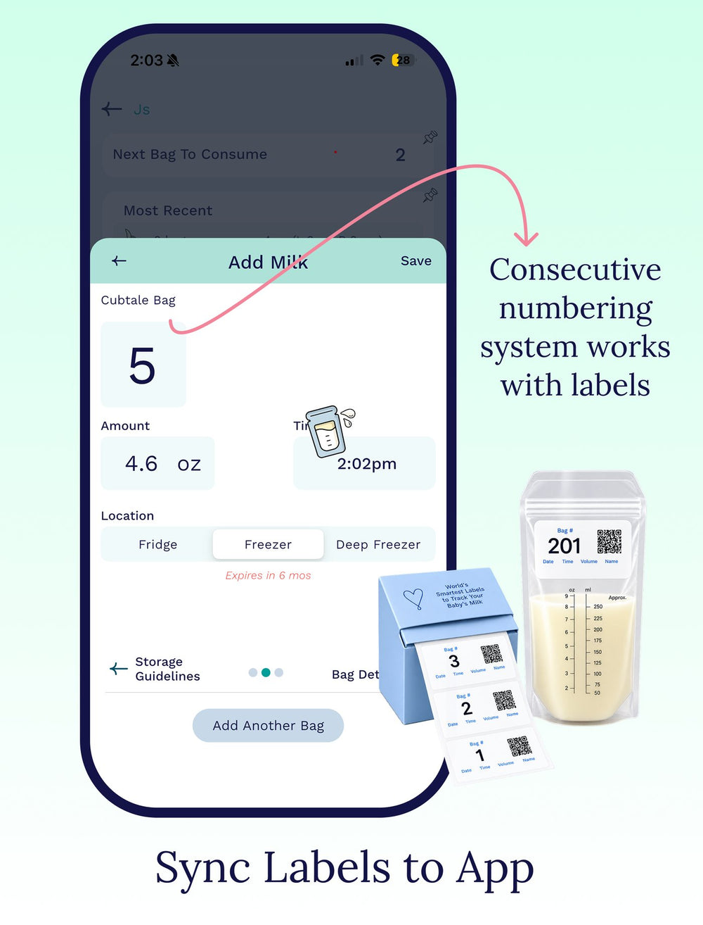 Numbered Cubtale breast milk label synced to the app with amount, time and freezer location