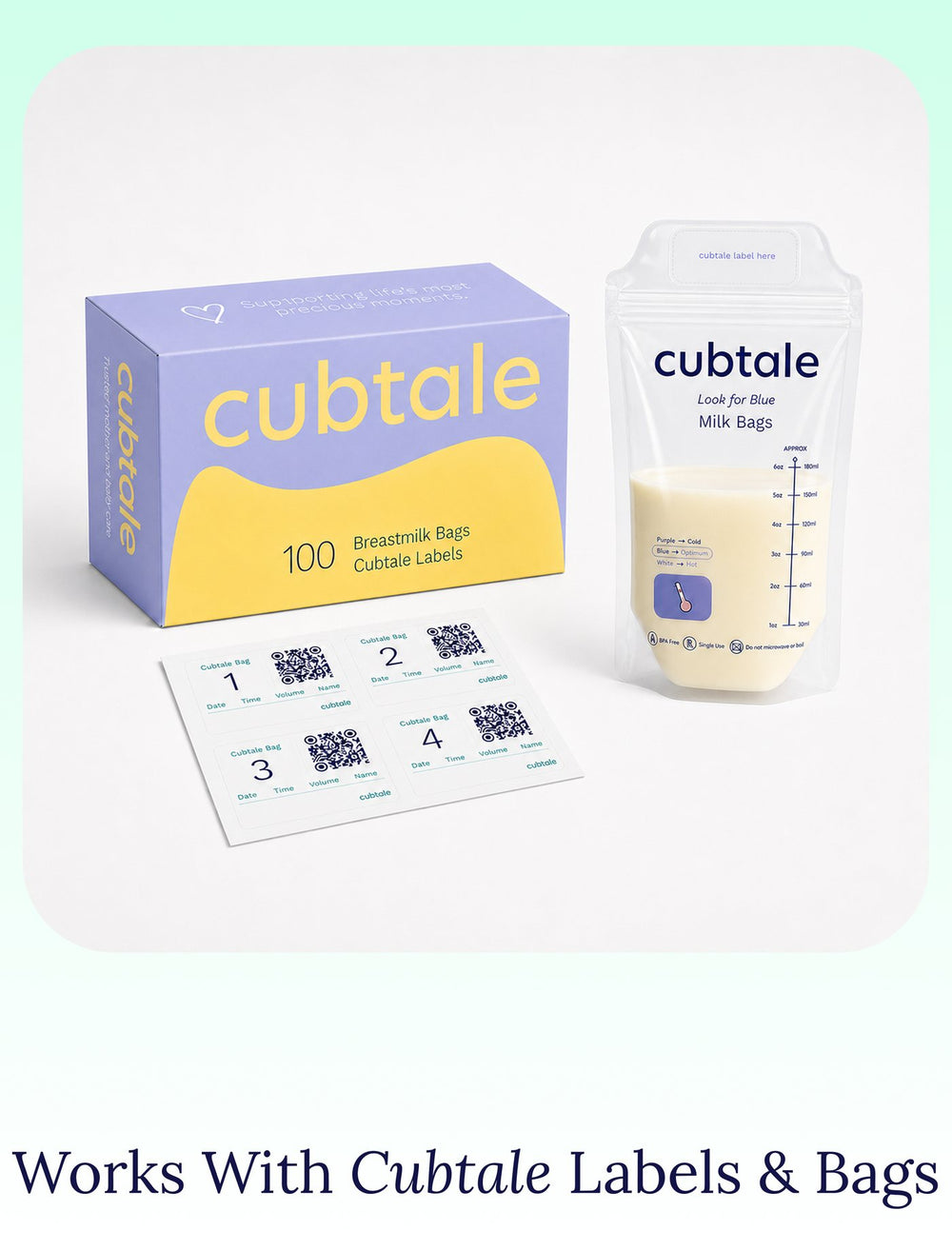 Cubtale breast milk storage bags box with numbered QR milk labels