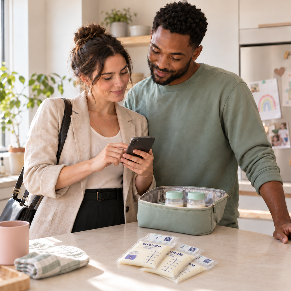 Parents reviewing their milk plan together beside Cubtale QR-labeled milk bags and a cooler.
