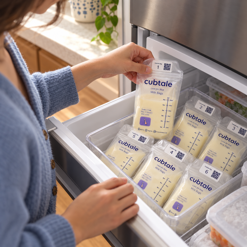 A parent adding a Cubtale QR-labeled milk bag to a freezer drawer.