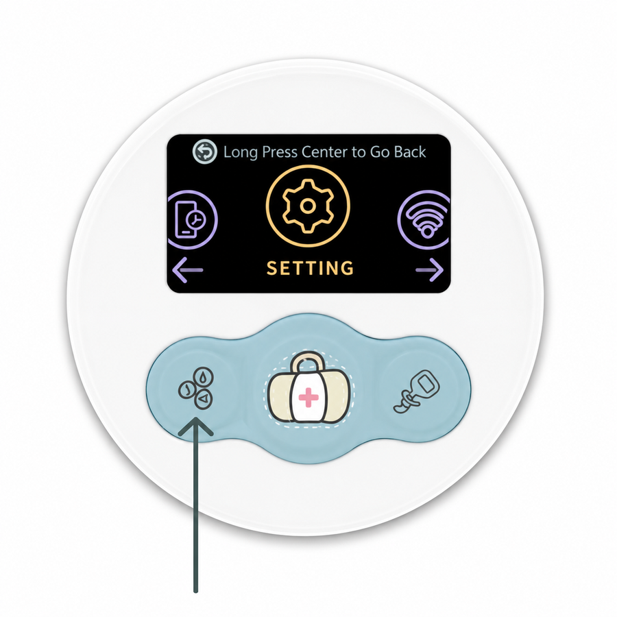 Cubtale baby care tracking device settings screen with an arrow highlighting the left button for reset instructions.