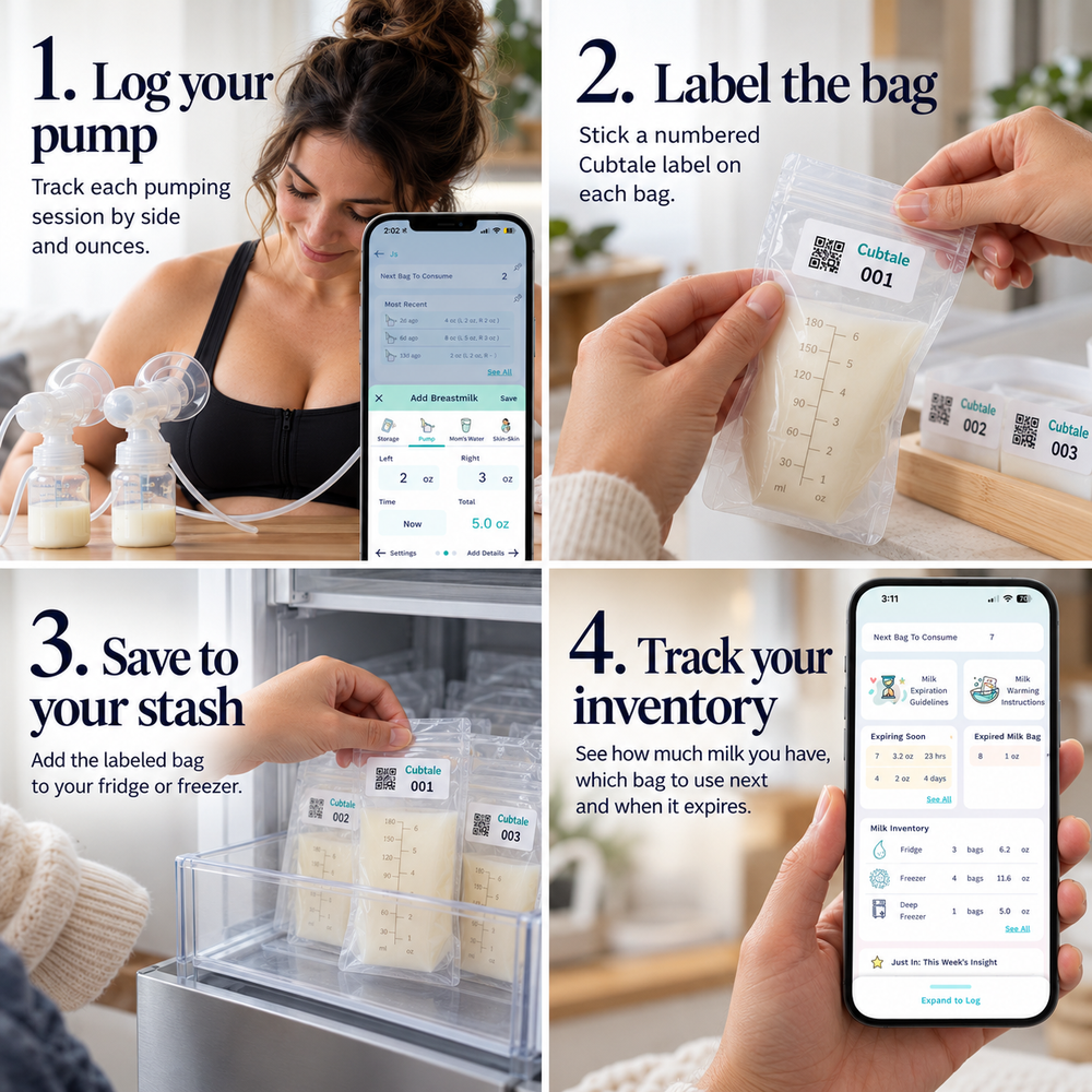 Cubtale pumping tracker in 4 steps: log your pump, label the bag, save to your stash and track your inventory