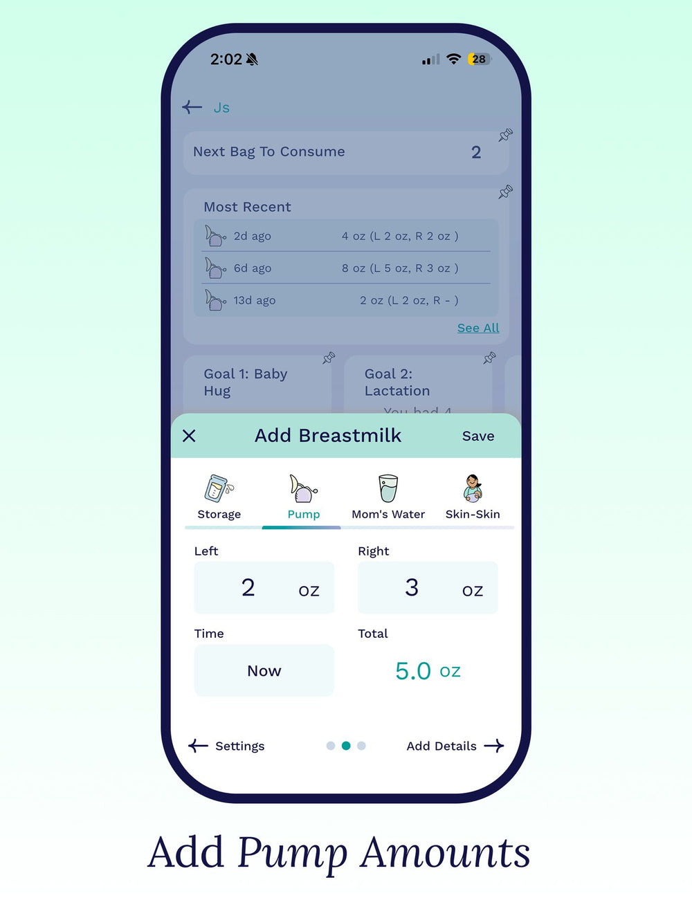 Cubtale pumping log entry with left and right ounces and total volume